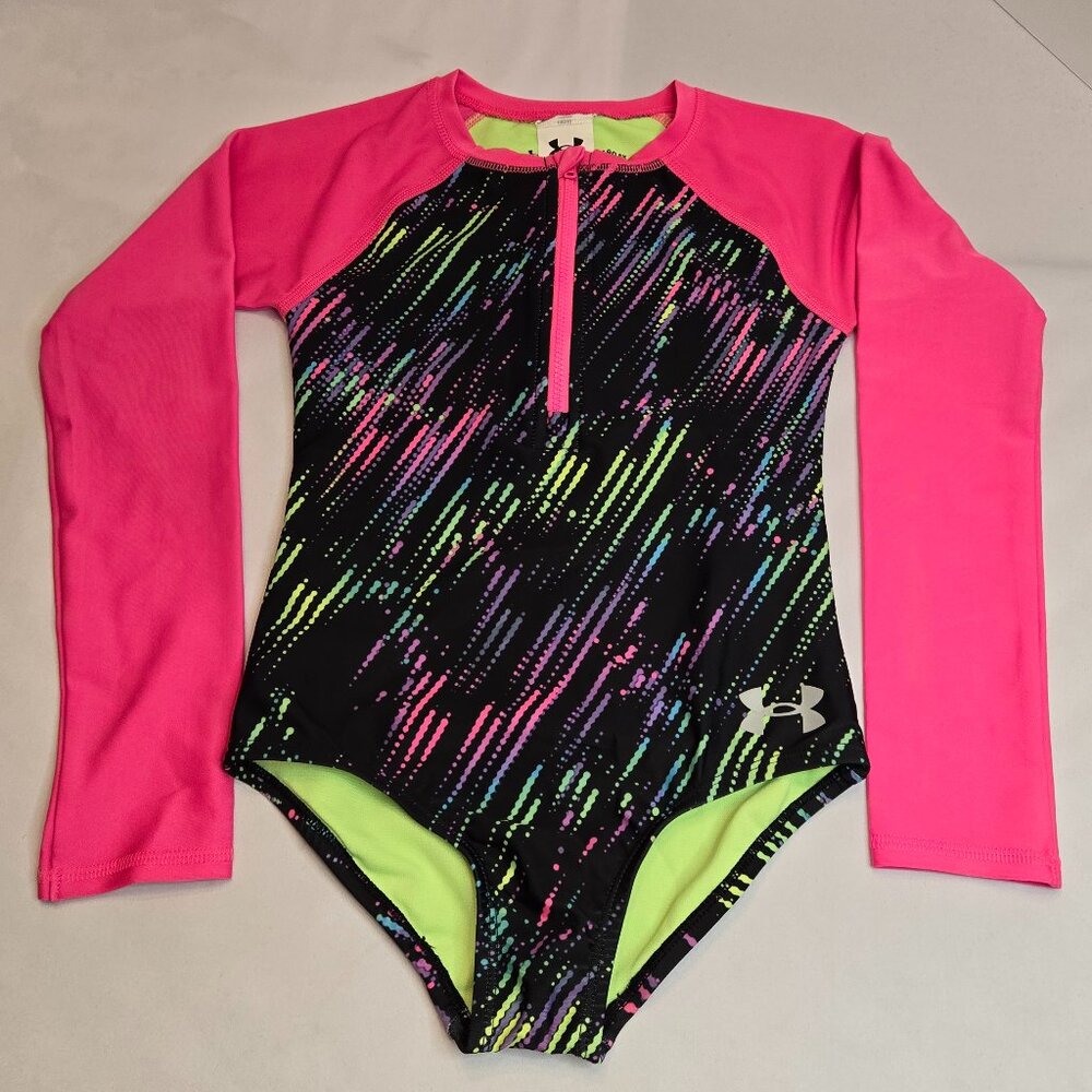 UNDER ARMOUR Girls Rash Guard Swimsuit UA Drip Paddlesuit. Sz 6x Black/Pink